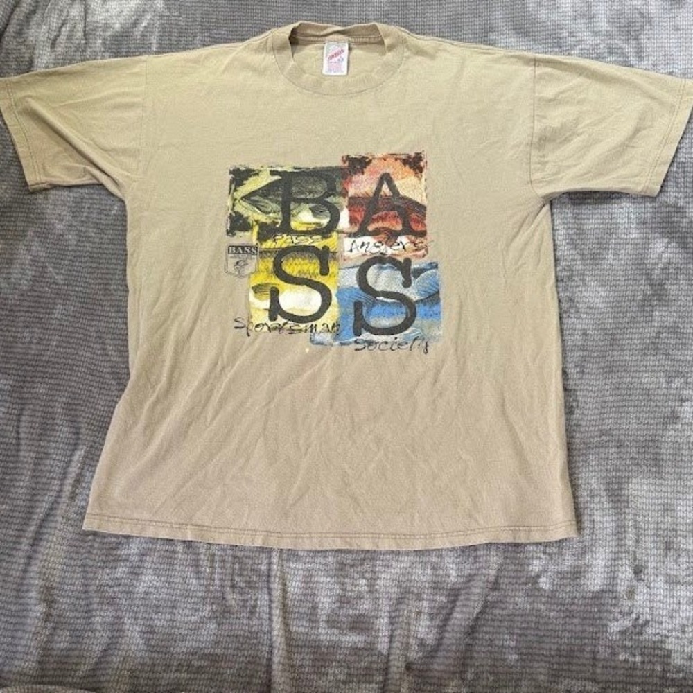 Vintage Jerzees Bass Anglers Sportsman Society T-Shirt Tan Large Fishing Graphic